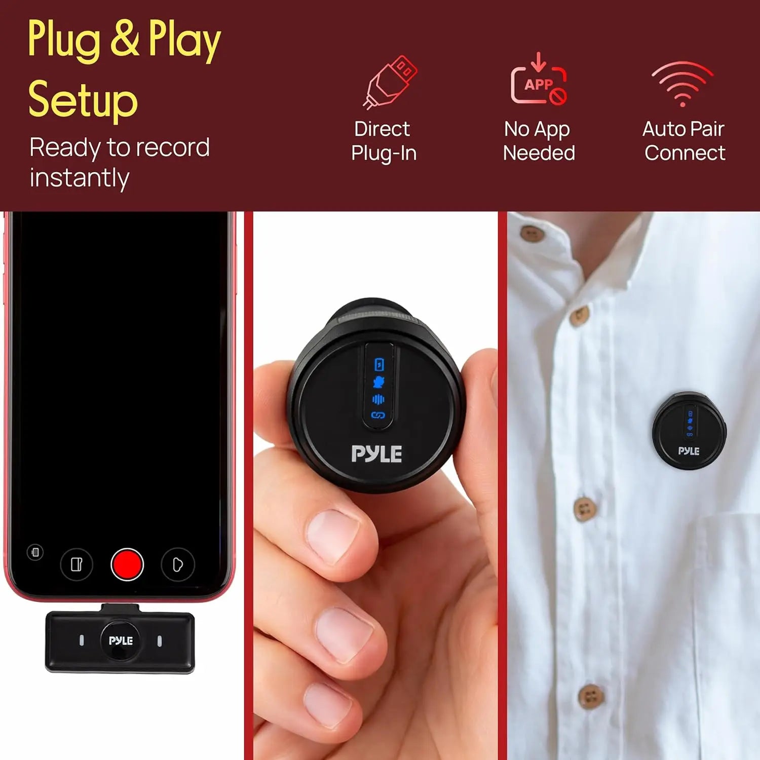 Pyle Wireless Lavalier Microphone System - USB Type-C Mobile Plug-And-Play Clip-On Mic with Noise-Canceling, Magnetic Mount, Charging Case, Windscreen for Outdoor Vlogging, Interviews