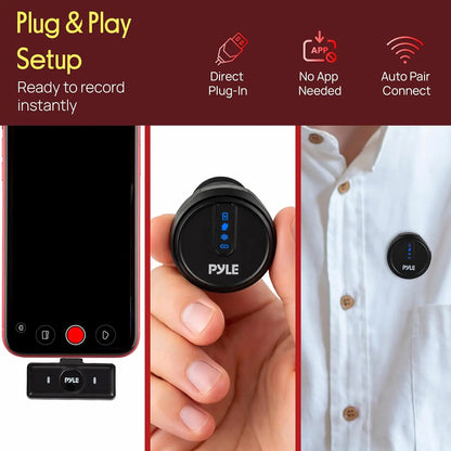 Pyle Wireless Lavalier Microphone System - USB Type-C Mobile Plug-And-Play Clip-On Mic with Noise-Canceling, Magnetic Mount, Charging Case, Windscreen for Outdoor Vlogging, Interviews