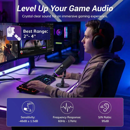 TONOR Dynamic Gaming Microphone, XLR/USB Mic Streaming, AI Noise Cancellation, Controlable RGB, Tap Mute, 3.5Mm Headphone Jack, Volume Control, Microfono with Desktop Stand, Black, TD510 AIR S